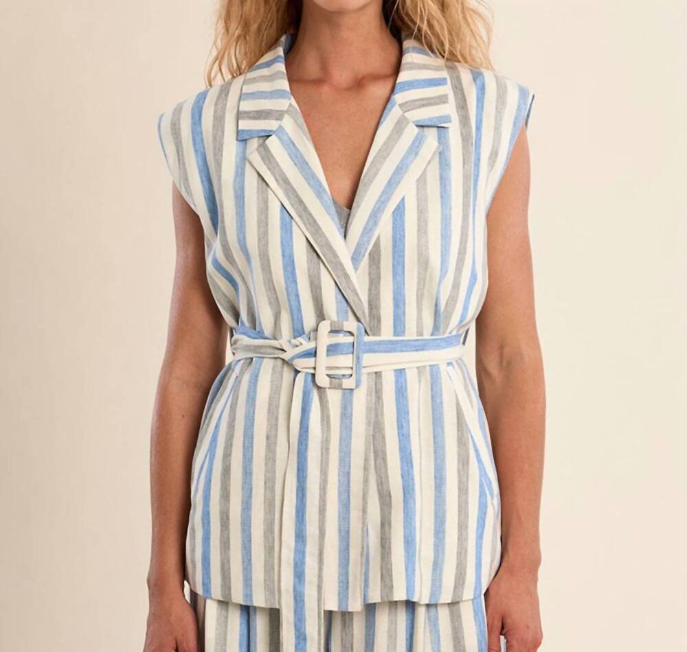 NEW MOLLY BRACKEN woven sleeveless jacket in blue/khaki stipe